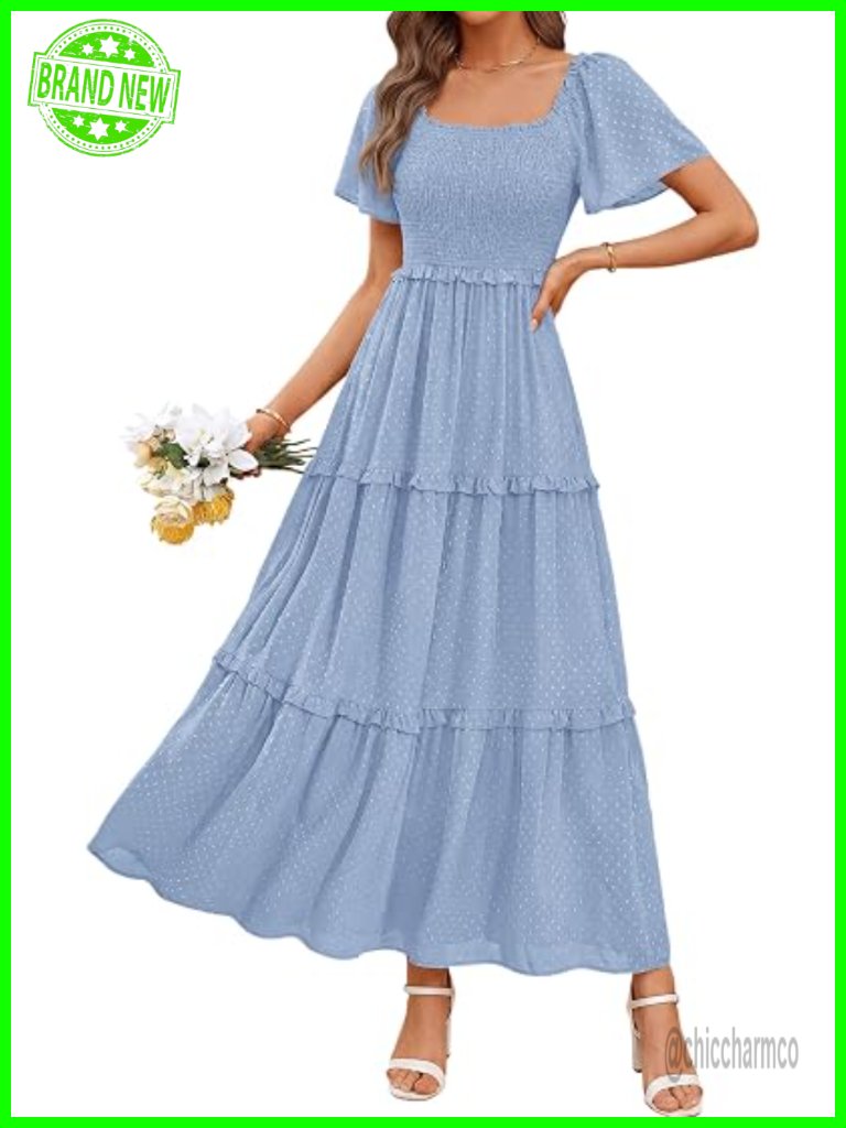 Boho Smocked Square Neck Swiss Dot Maxi Dress With Pockets